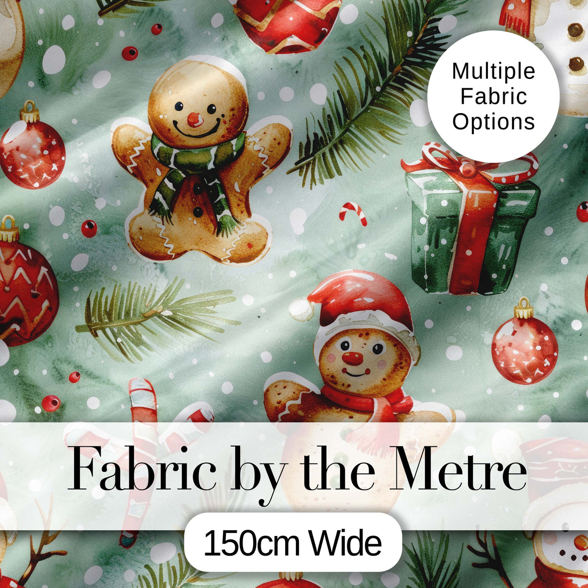 Cute Gingerbread Snowman Candy Cane Gift Holiday Seamless Pattern Digital Print Fabric by the Metre UK Sewing Quilting Textile