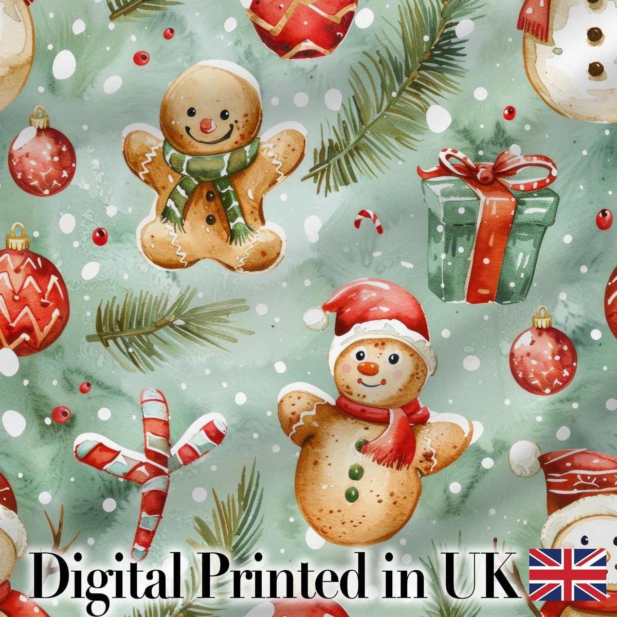 Cute Gingerbread Snowman Candy Cane Gift Holiday Seamless Pattern Digital Print Fabric by the Metre UK Sewing Quilting Textile