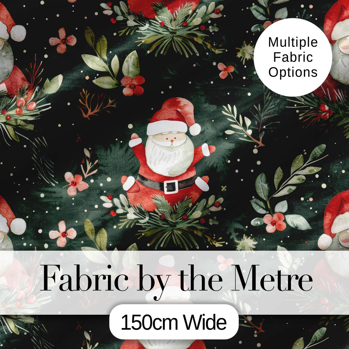 Watercolor Santa Claus Winter Foliage Dark Green Seamless Pattern Digital Print Fabric by the Metre UK Sewing Quilting Textile