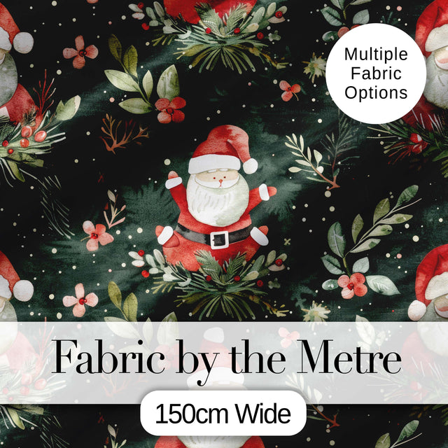 Watercolor Santa Claus Winter Foliage Dark Green Seamless Pattern Digital Print Fabric by the Metre UK Sewing Quilting Textile