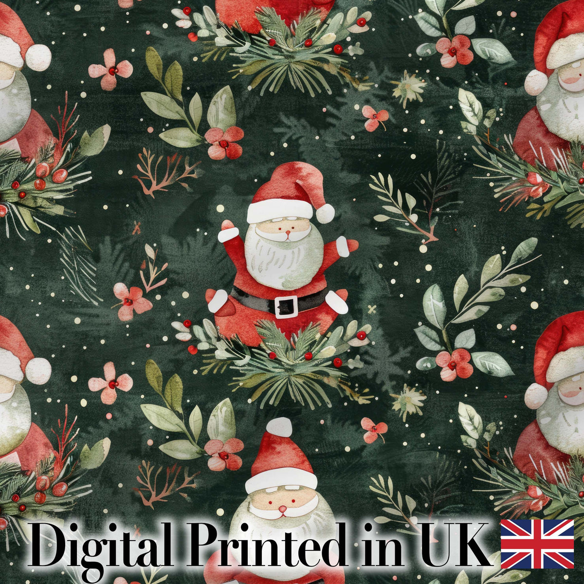 Watercolor Santa Claus Winter Foliage Dark Green Seamless Pattern Digital Print Fabric by the Metre UK Sewing Quilting Textile
