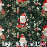 Watercolor Santa Claus Winter Foliage Dark Green Seamless Pattern Digital Print Fabric by the Metre UK Sewing Quilting Textile