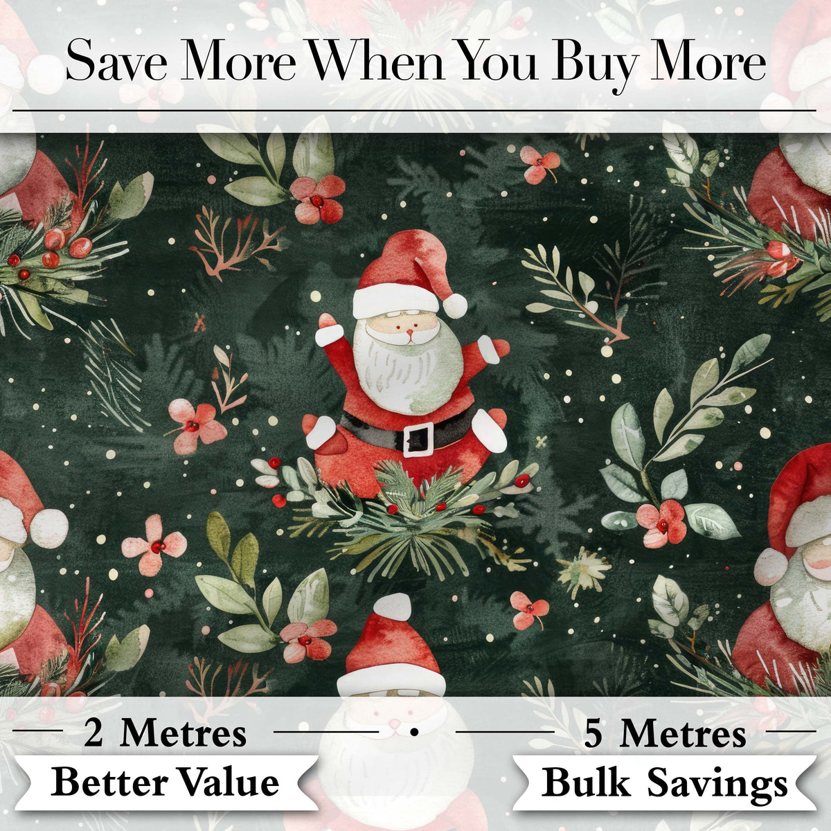 Watercolor Santa Claus Winter Foliage Dark Green Seamless Pattern Digital Print Fabric by the Metre UK Sewing Quilting Textile
