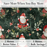 Watercolor Santa Claus Winter Foliage Dark Green Seamless Pattern Digital Print Fabric by the Metre UK Sewing Quilting Textile