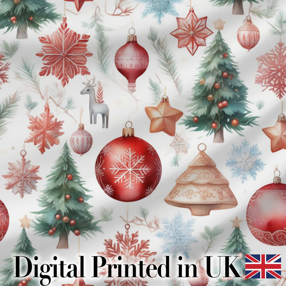 Vintage Christmas Ornament Tree Star Deer Holiday Seamless Pattern Digital Print Fabric by the Metre UK Sewing Quilting Textile