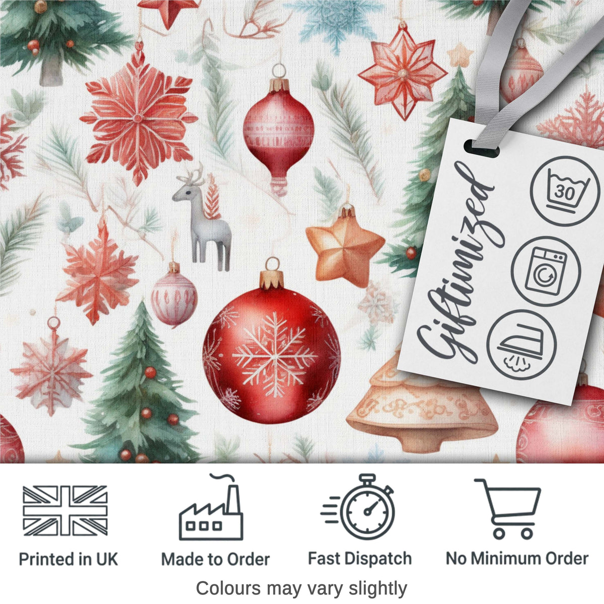Vintage Christmas Ornament Tree Star Deer Holiday Seamless Pattern Digital Print Fabric by the Metre UK Sewing Quilting Textile