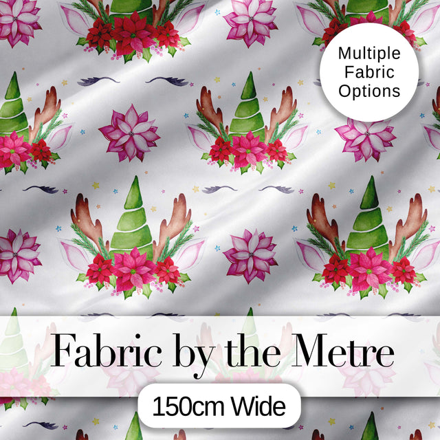 Cute Unicorn Christmas Poinsettia Floral Fantasy Seamless Pattern Digital Print Fabric by the Metre UK Sewing Quilting Textile