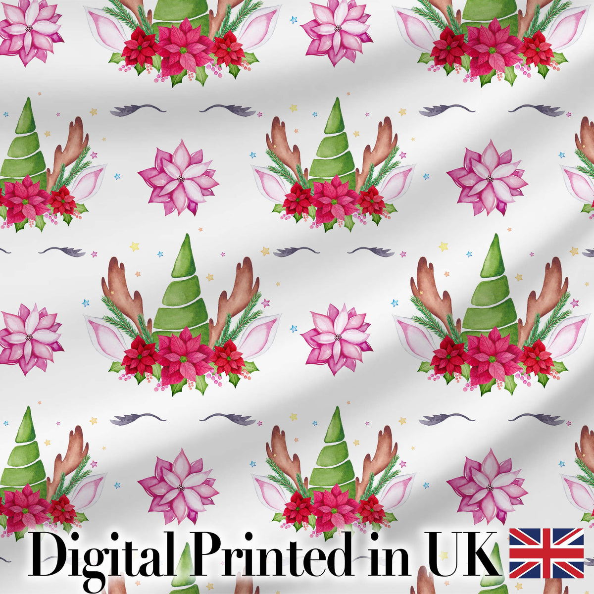Cute Unicorn Christmas Poinsettia Floral Fantasy Seamless Pattern Digital Print Fabric by the Metre UK Sewing Quilting Textile
