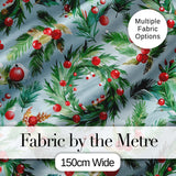 Watercolor Christmas Wreath Holly Berry Pine Branch Seamless Pattern Digital Print Fabric by the Metre UK Sewing Quilting Textile