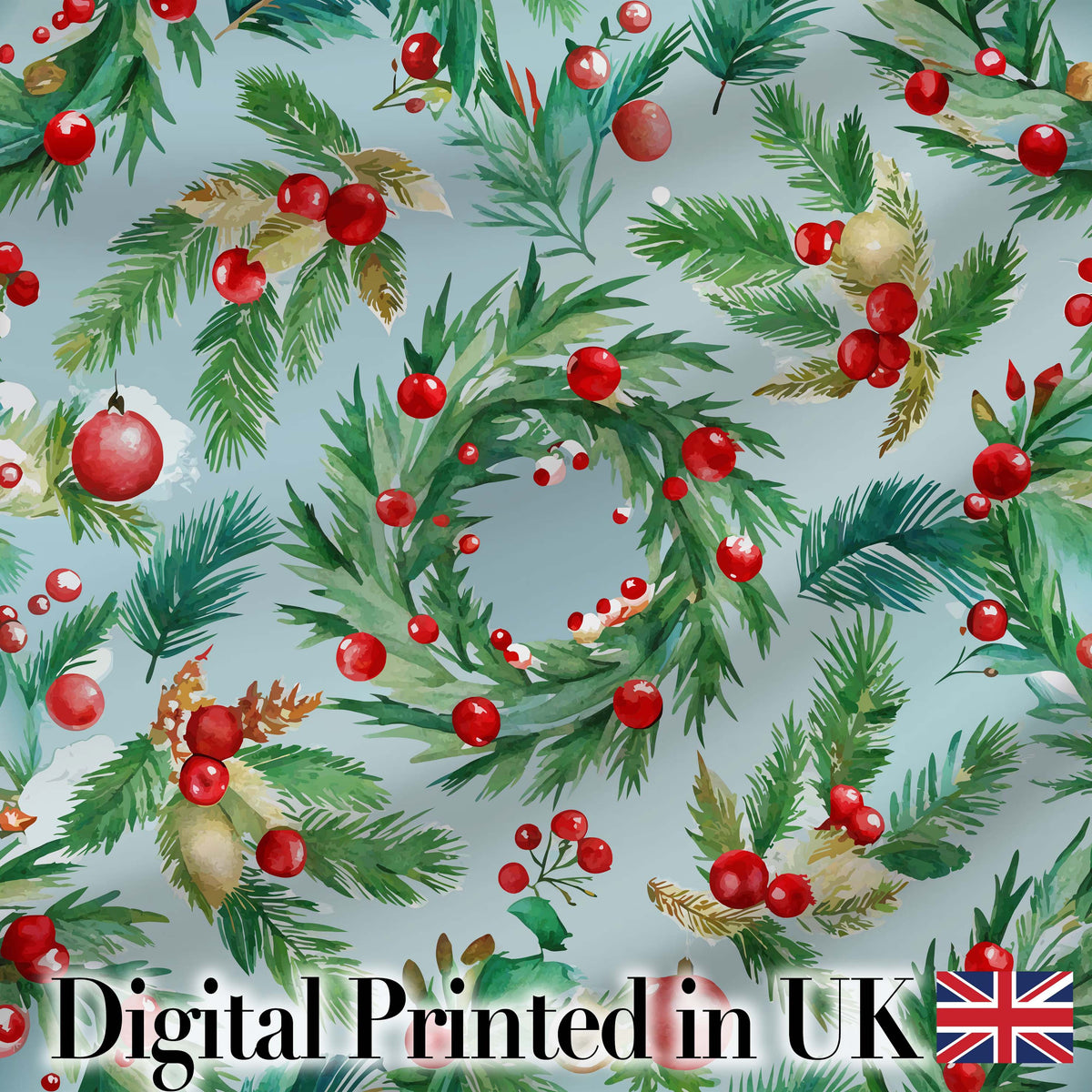 Watercolor Christmas Wreath Holly Berry Pine Branch Seamless Pattern Digital Print Fabric by the Metre UK Sewing Quilting Textile