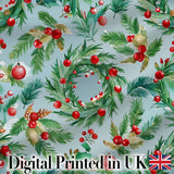 Watercolor Christmas Wreath Holly Berry Pine Branch Seamless Pattern Digital Print Fabric by the Metre UK Sewing Quilting Textile