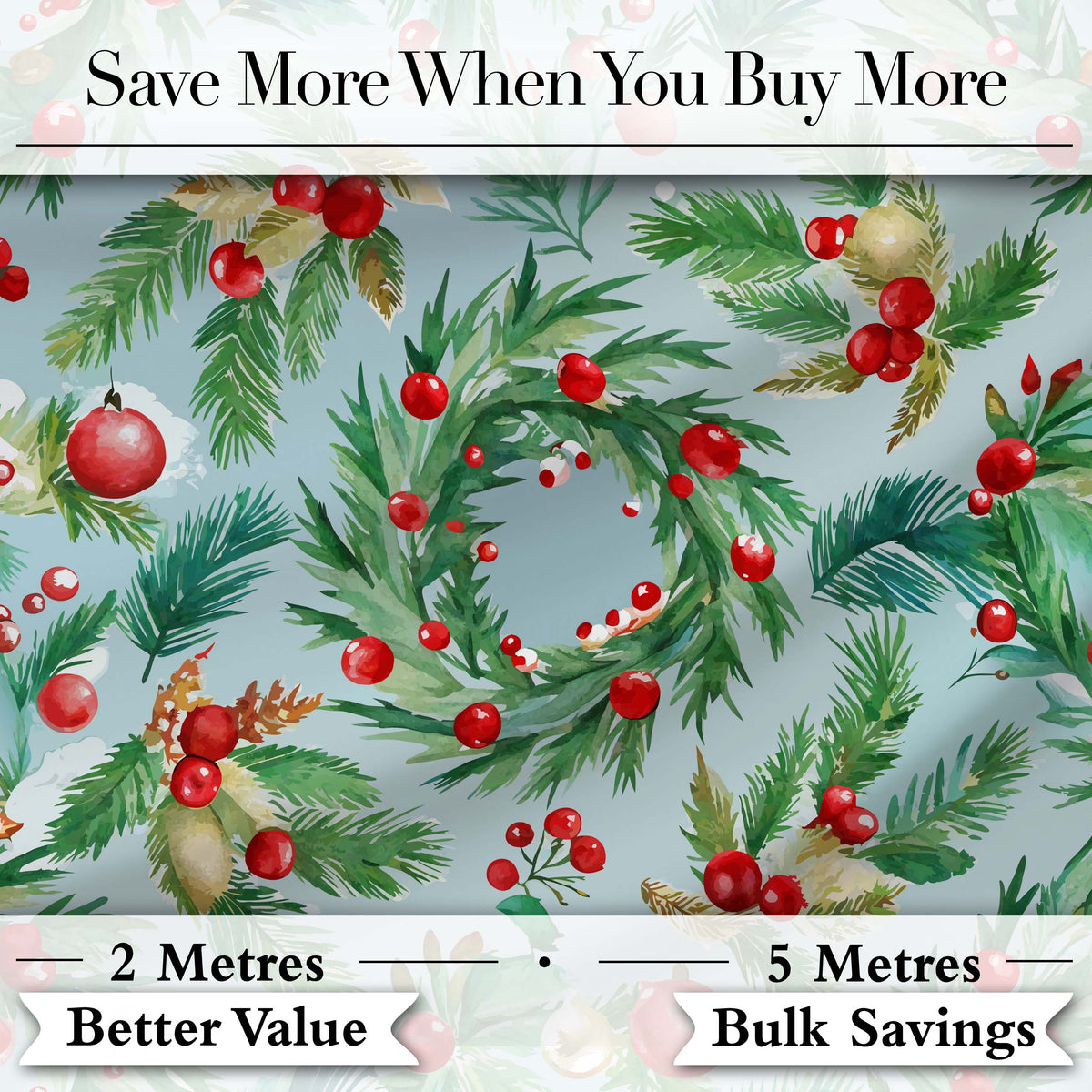 Watercolor Christmas Wreath Holly Berry Pine Branch Seamless Pattern Digital Print Fabric by the Metre UK Sewing Quilting Textile