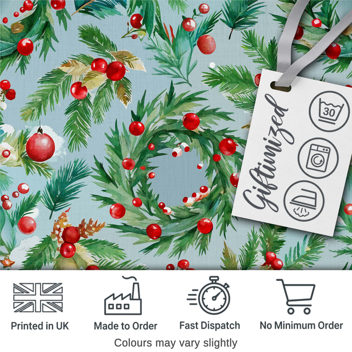 Watercolor Christmas Wreath Holly Berry Pine Branch Seamless Pattern Digital Print Fabric by the Metre UK Sewing Quilting Textile