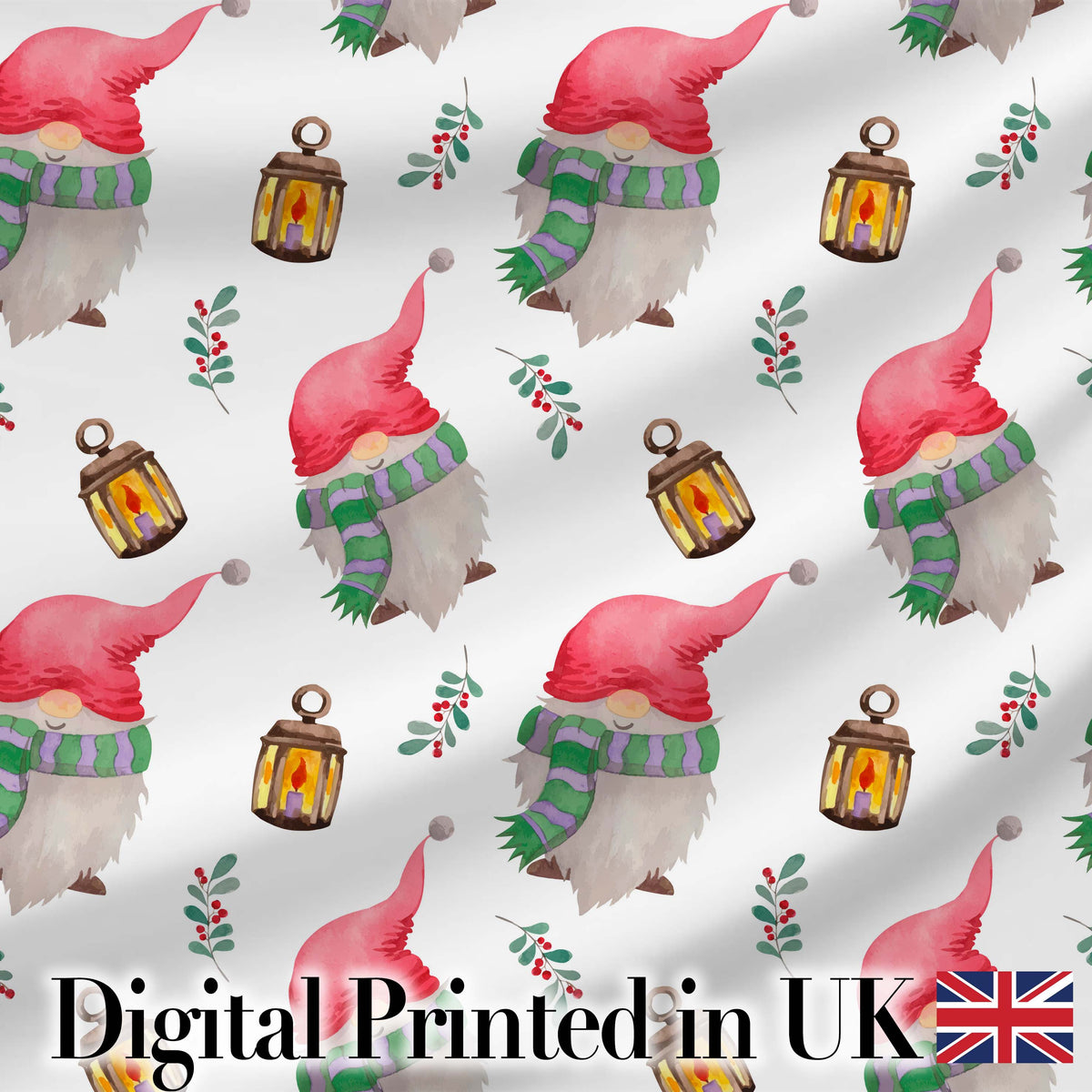 Cute Christmas Gnome Lantern Holly Berry Winter Seamless Pattern Digital Print Fabric by the Metre UK Sewing Quilting Textile