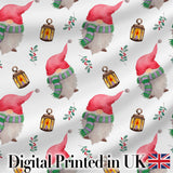 Cute Christmas Gnome Lantern Holly Berry Winter Seamless Pattern Digital Print Fabric by the Metre UK Sewing Quilting Textile