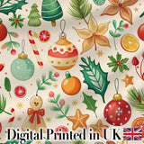 Cute Christmas Ornament Candy Cane Star Holly Seamless Pattern Digital Print Fabric by the Metre UK Sewing Quilting Textile