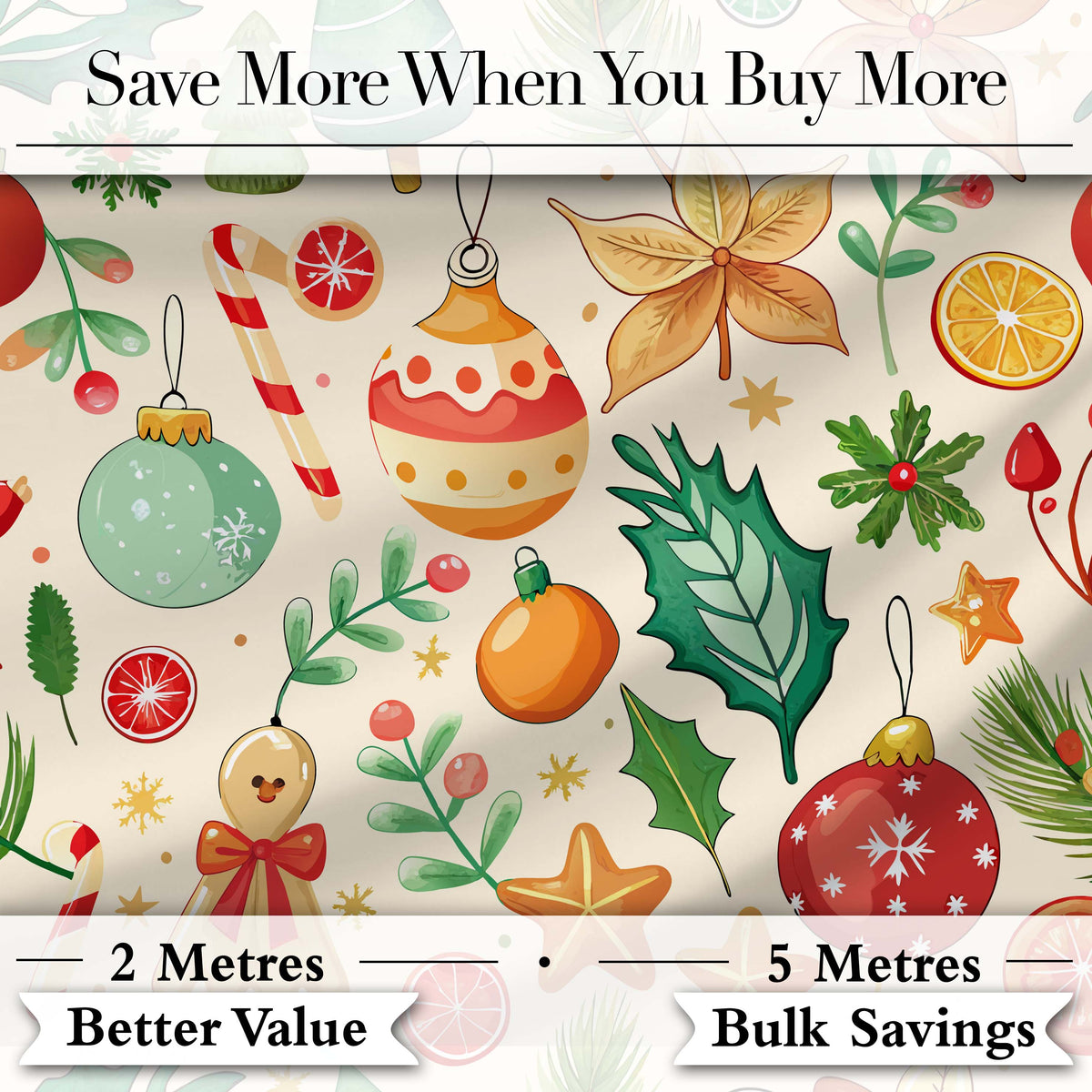 Cute Christmas Ornament Candy Cane Star Holly Seamless Pattern Digital Print Fabric by the Metre UK Sewing Quilting Textile