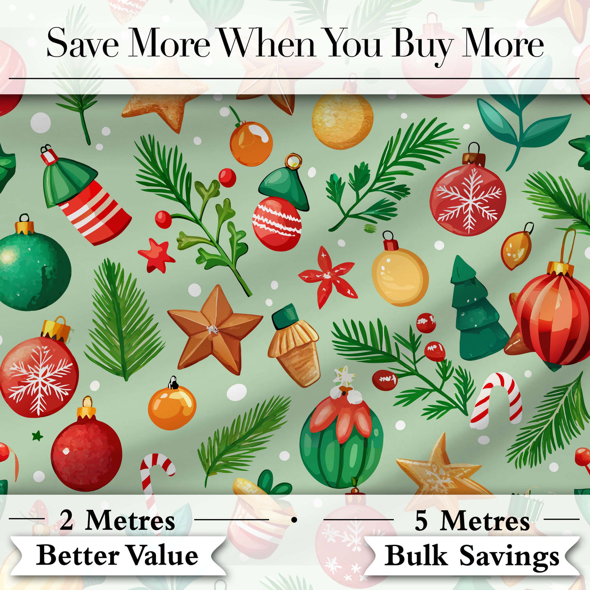 Colorful Christmas Baubles Star Pine Candy Cane Seamless Pattern Digital Print Fabric by the Metre UK Sewing Quilting Textile