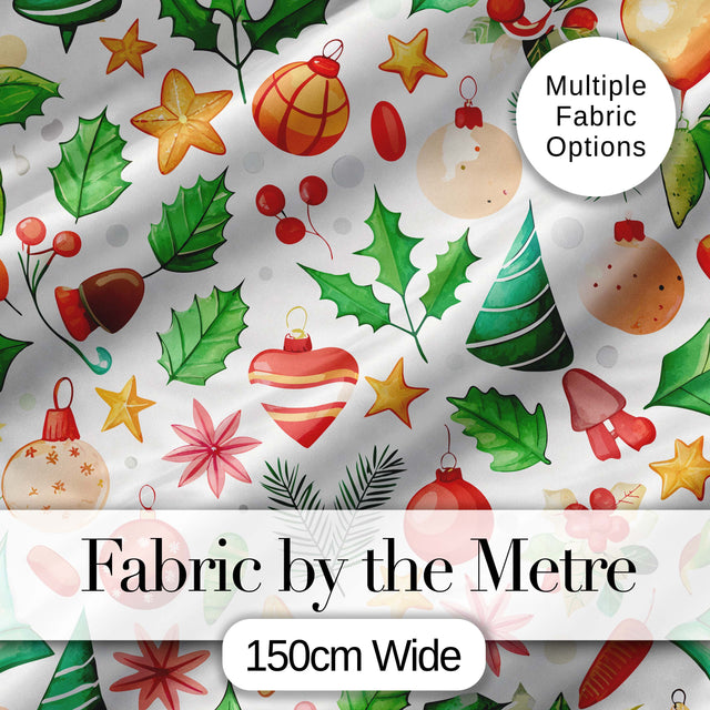 Festive Christmas Holly Star Ornament Heart Seamless Pattern Digital Print Fabric by the Metre UK Sewing Quilting Textile