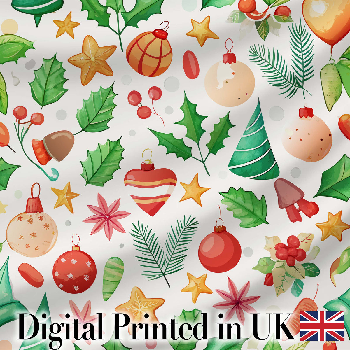 Festive Christmas Holly Star Ornament Heart Seamless Pattern Digital Print Fabric by the Metre UK Sewing Quilting Textile