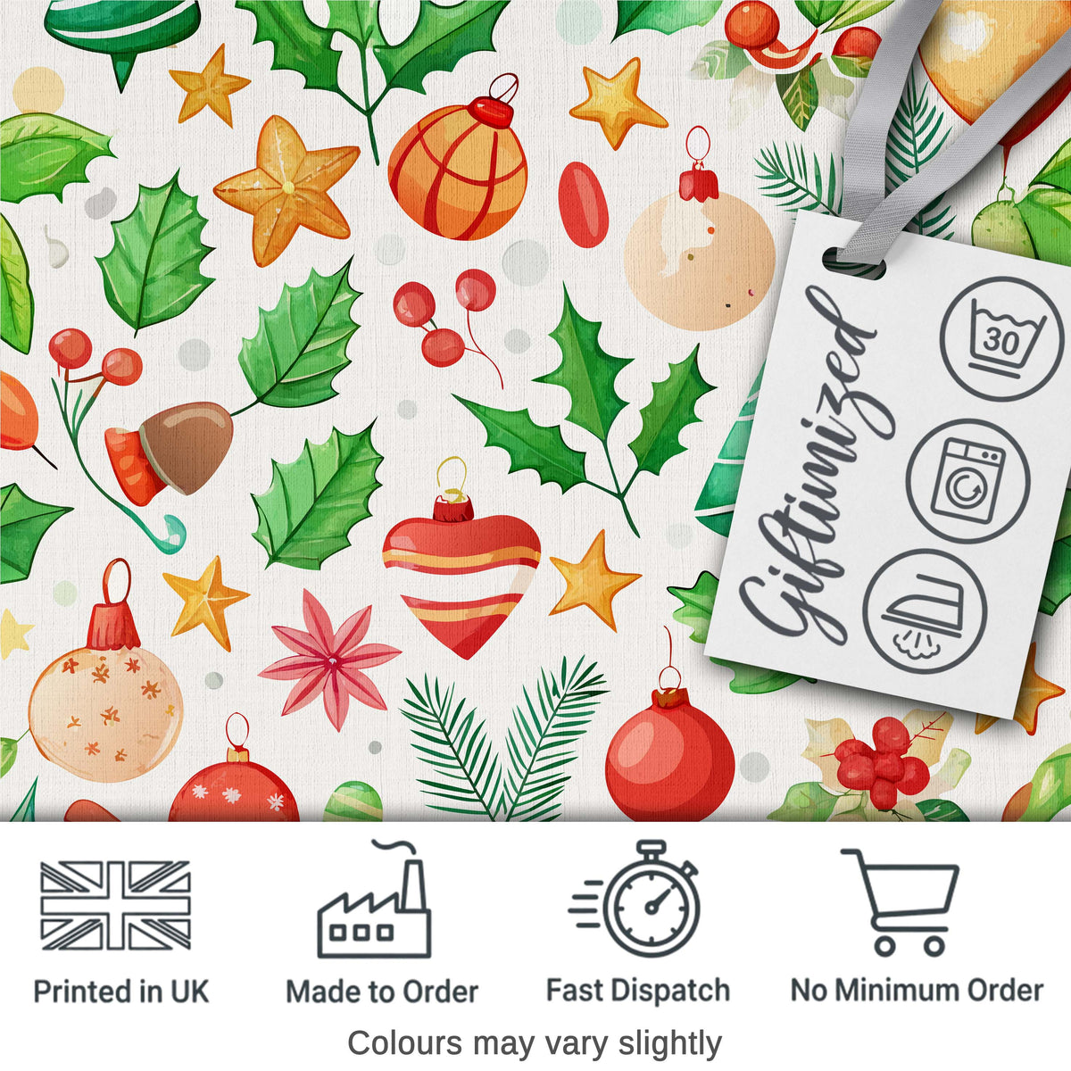 Festive Christmas Holly Star Ornament Heart Seamless Pattern Digital Print Fabric by the Metre UK Sewing Quilting Textile