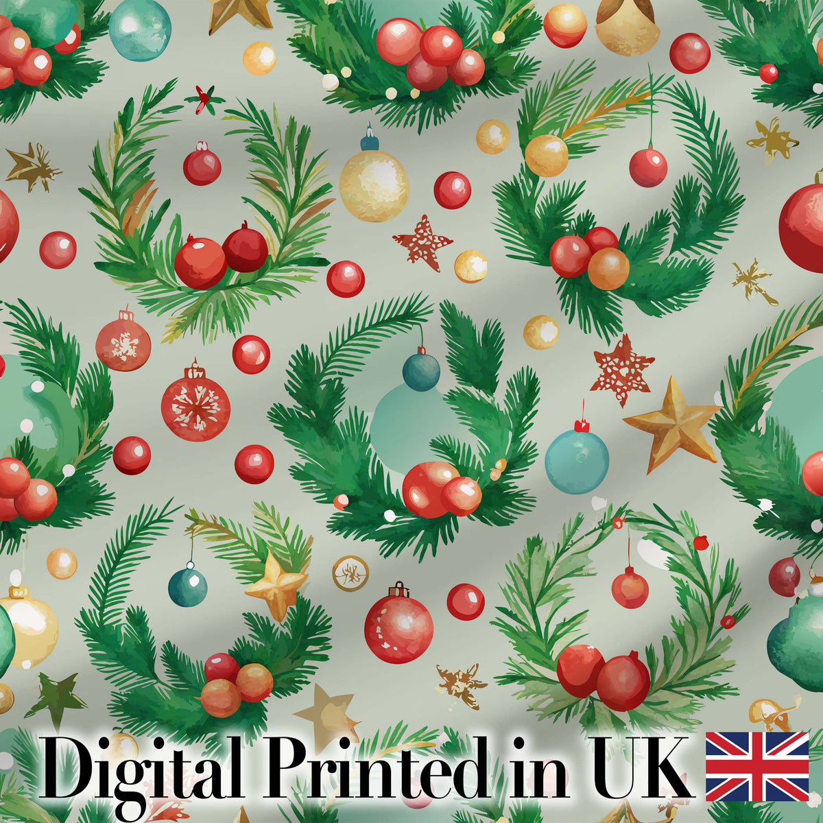 Watercolor Christmas Wreath Ornament Holly Berry Seamless Pattern Digital Print Fabric by the Metre UK Sewing Quilting Textile