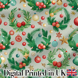 Watercolor Christmas Wreath Ornament Holly Berry Seamless Pattern Digital Print Fabric by the Metre UK Sewing Quilting Textile