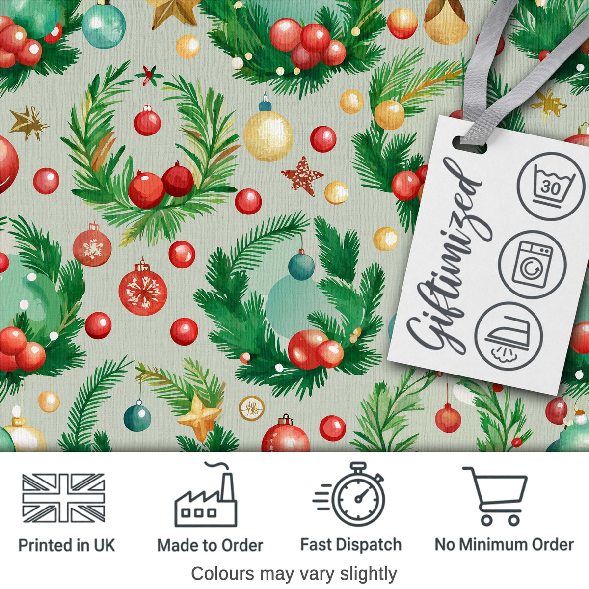 Watercolor Christmas Wreath Ornament Holly Berry Seamless Pattern Digital Print Fabric by the Metre UK Sewing Quilting Textile