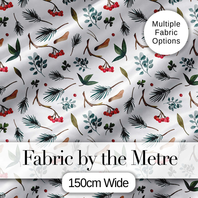 Watercolor Winter Branch Pine Leaf Berry Natural Seamless Pattern Digital Print Fabric by the Metre UK Sewing Quilting Textile