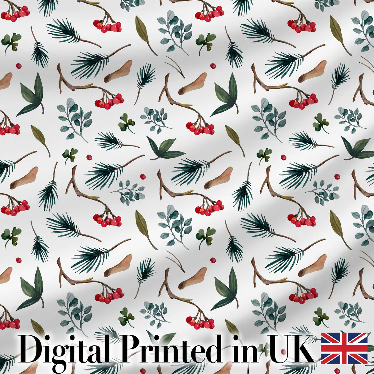 Watercolor Winter Branch Pine Leaf Berry Natural Seamless Pattern Digital Print Fabric by the Metre UK Sewing Quilting Textile
