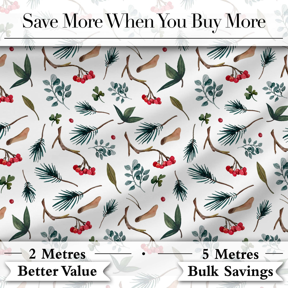 Watercolor Winter Branch Pine Leaf Berry Natural Seamless Pattern Digital Print Fabric by the Metre UK Sewing Quilting Textile