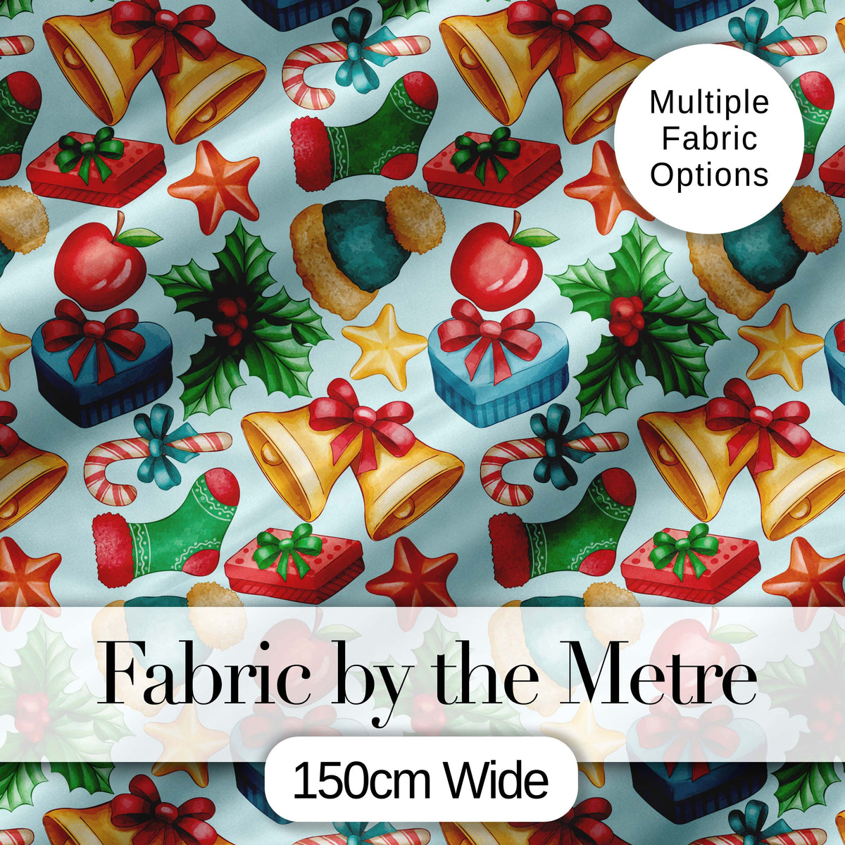 Cute Christmas Bells Gift Sock Holly Apple Seamless Pattern Digital Print Fabric by the Metre UK Sewing Quilting Textile