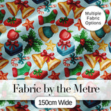 Cute Christmas Bells Gift Sock Holly Apple Seamless Pattern Digital Print Fabric by the Metre UK Sewing Quilting Textile