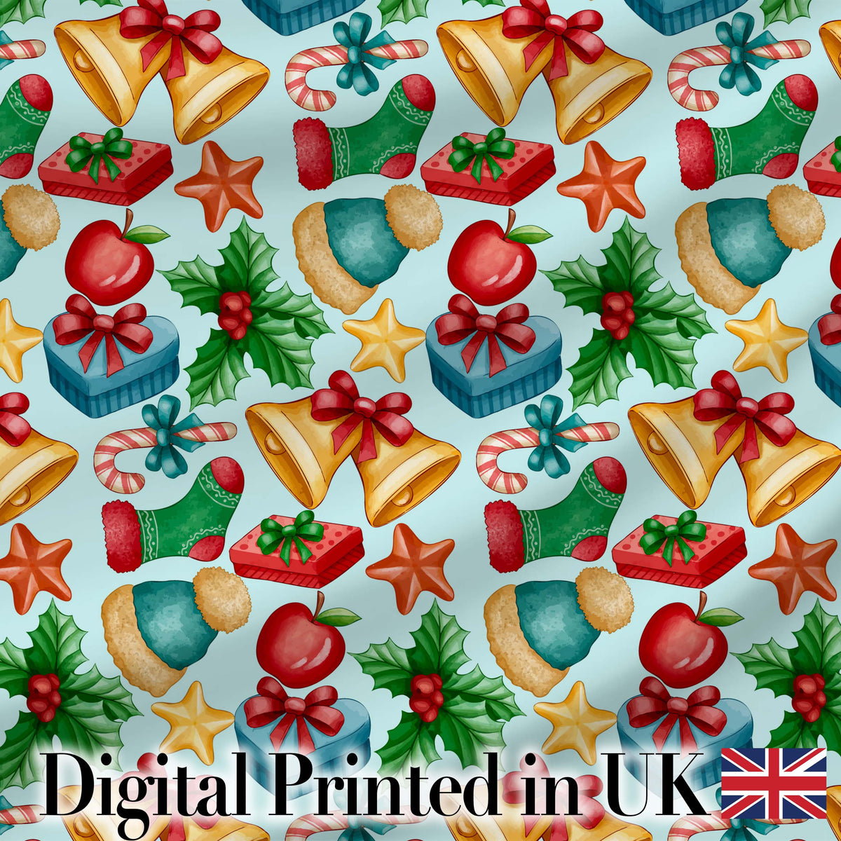 Cute Christmas Bells Gift Sock Holly Apple Seamless Pattern Digital Print Fabric by the Metre UK Sewing Quilting Textile