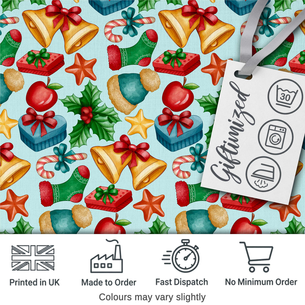 Cute Christmas Bells Gift Sock Holly Apple Seamless Pattern Digital Print Fabric by the Metre UK Sewing Quilting Textile