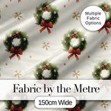Watercolor Christmas Wreath Bow Pinecone Snowflake Seamless Pattern Digital Print Fabric by the Metre UK Sewing Quilting Textile