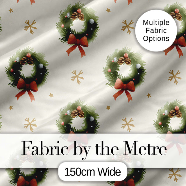 Watercolor Christmas Wreath Bow Pinecone Snowflake Seamless Pattern Digital Print Fabric by the Metre UK Sewing Quilting Textile