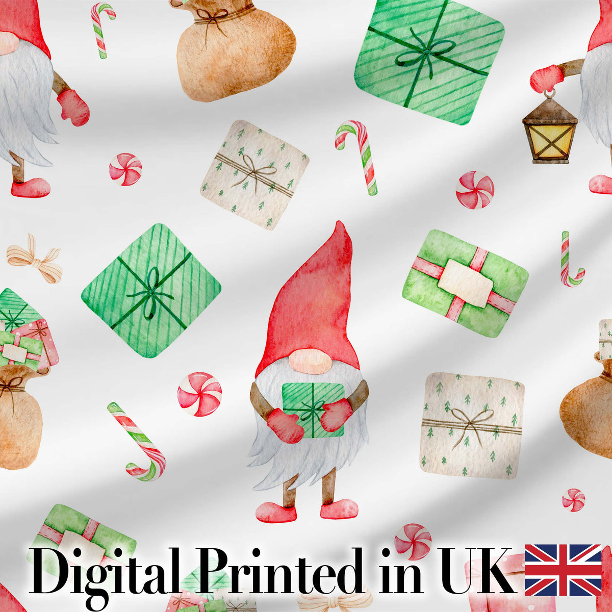 Cute Christmas Gnome Present Candy Cane Holiday Seamless Pattern Digital Print Fabric by the Metre UK Sewing Quilting Textile