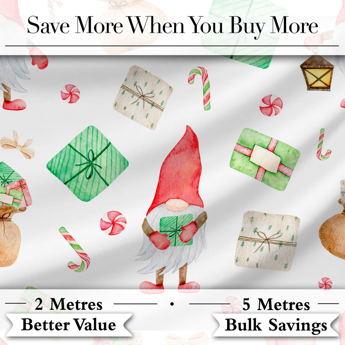 Cute Christmas Gnome Present Candy Cane Holiday Seamless Pattern Digital Print Fabric by the Metre UK Sewing Quilting Textile