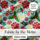 Cute Christmas Poinsettia Holly Candy Cane Festive Seamless Pattern Digital Print Fabric by the Metre UK Sewing Quilting Textile
