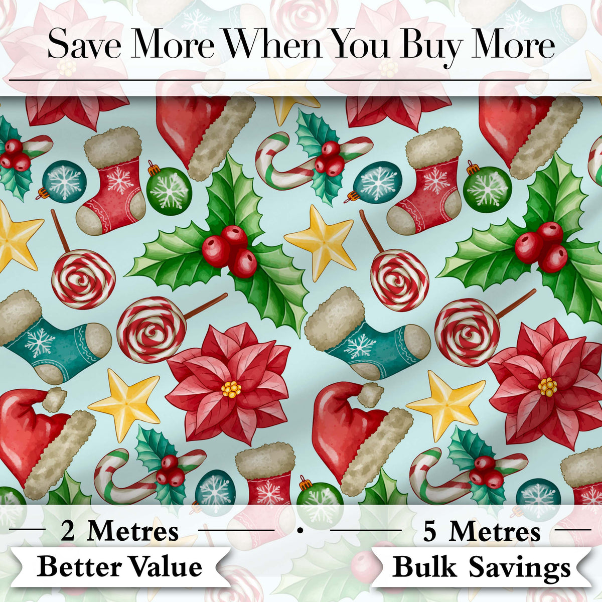 Cute Christmas Poinsettia Holly Candy Cane Festive Seamless Pattern Digital Print Fabric by the Metre UK Sewing Quilting Textile