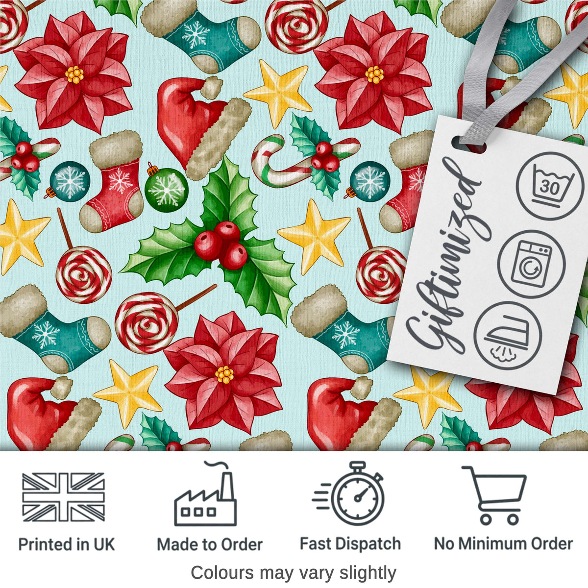 Cute Christmas Poinsettia Holly Candy Cane Festive Seamless Pattern Digital Print Fabric by the Metre UK Sewing Quilting Textile