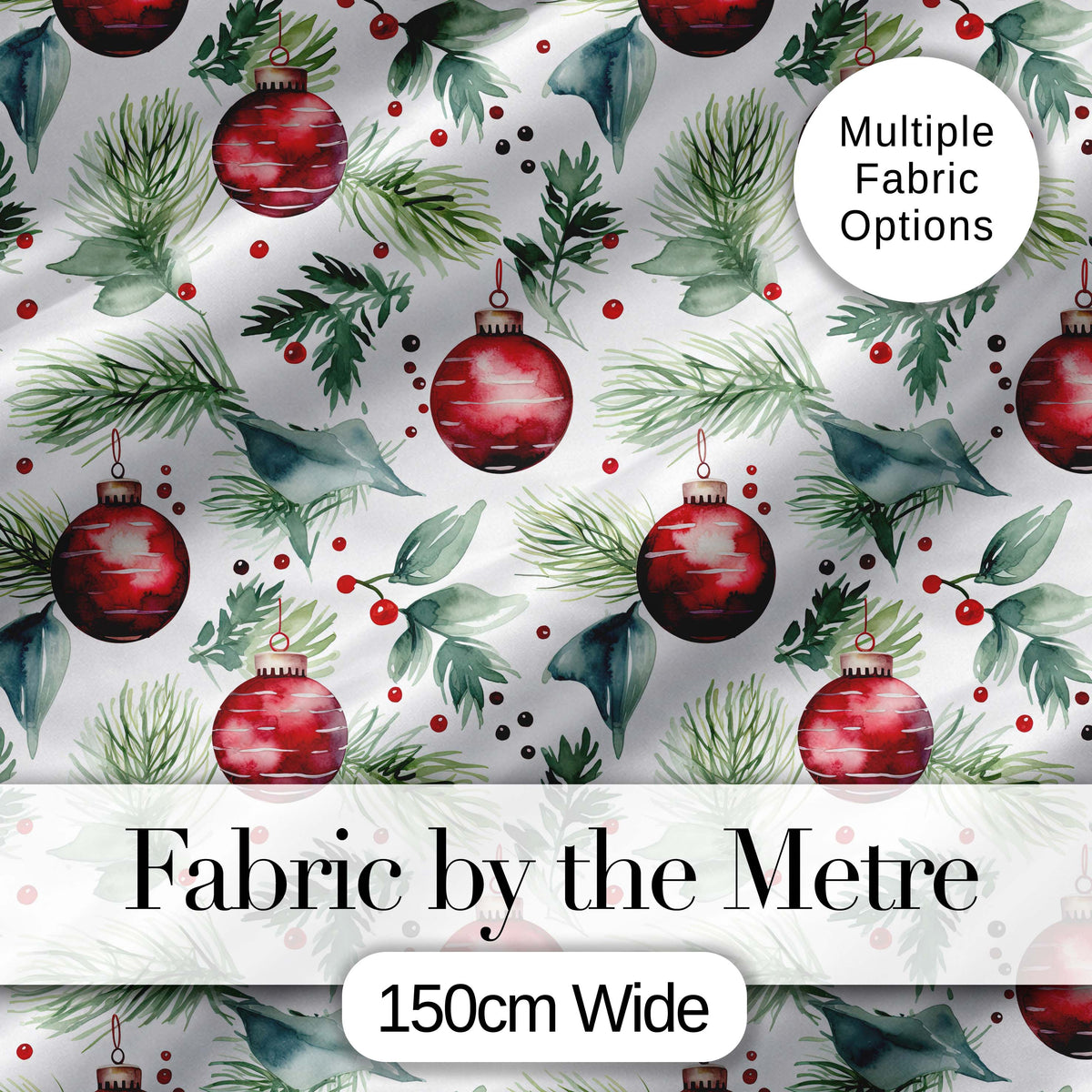 Watercolor Red Bauble Pine Leaf Berry Holiday Seamless Pattern Digital Print Fabric by the Metre UK Sewing Quilting Textile