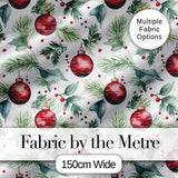 Watercolor Red Bauble Pine Leaf Berry Holiday Seamless Pattern Digital Print Fabric by the Metre UK Sewing Quilting Textile