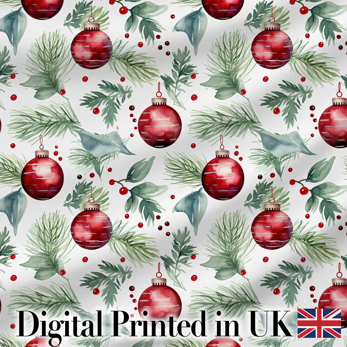 Watercolor Red Bauble Pine Leaf Berry Holiday Seamless Pattern Digital Print Fabric by the Metre UK Sewing Quilting Textile