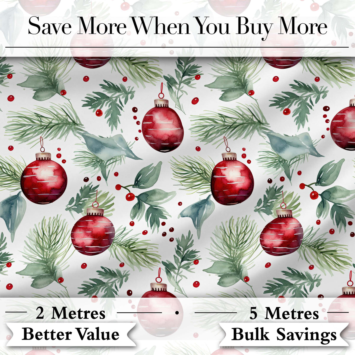 Watercolor Red Bauble Pine Leaf Berry Holiday Seamless Pattern Digital Print Fabric by the Metre UK Sewing Quilting Textile