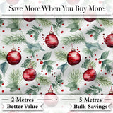 Watercolor Red Bauble Pine Leaf Berry Holiday Seamless Pattern Digital Print Fabric by the Metre UK Sewing Quilting Textile