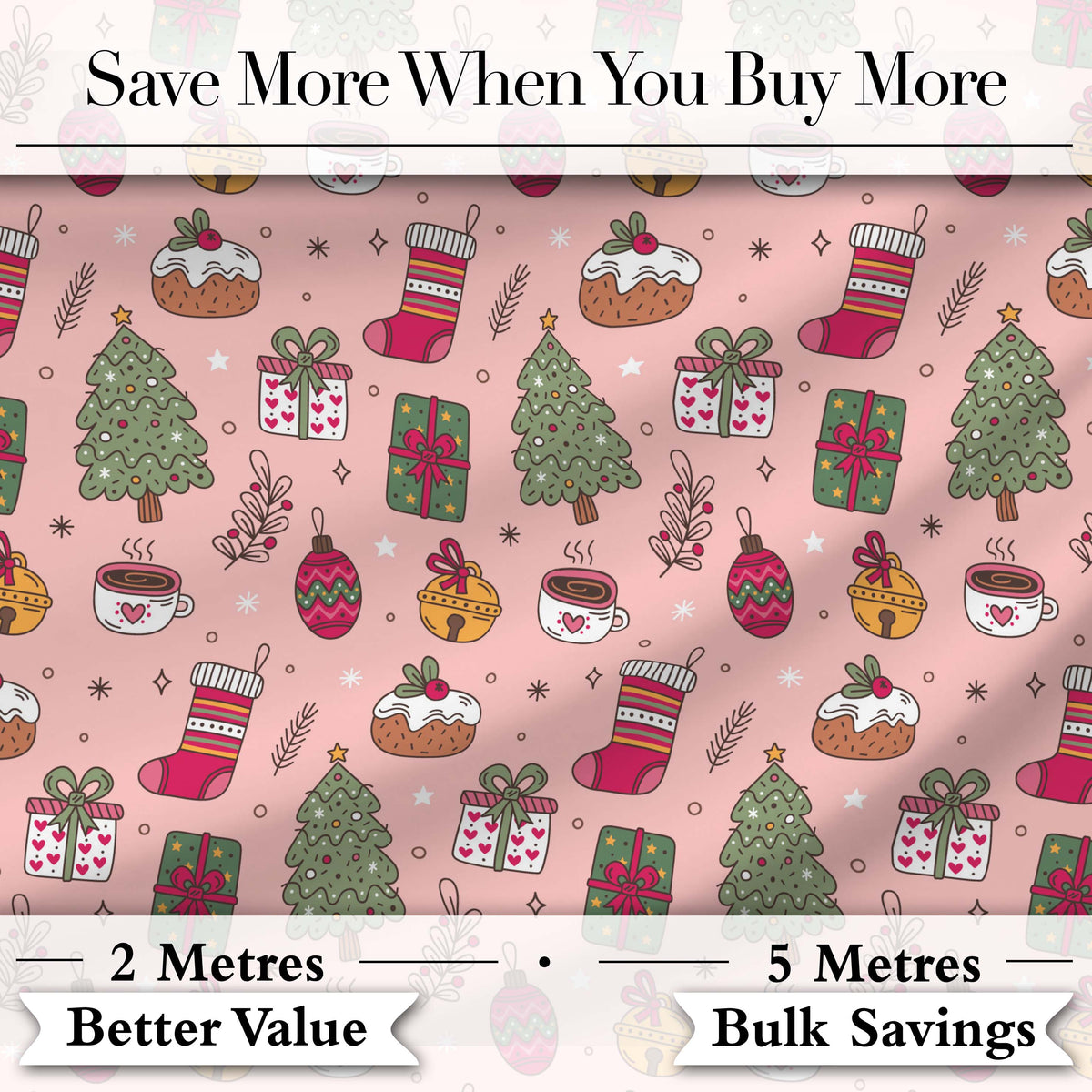 Cute Christmas Tree Cupcake Gift Ornament Pink Seamless Pattern Digital Print Fabric by the Metre UK Sewing Quilting Textile