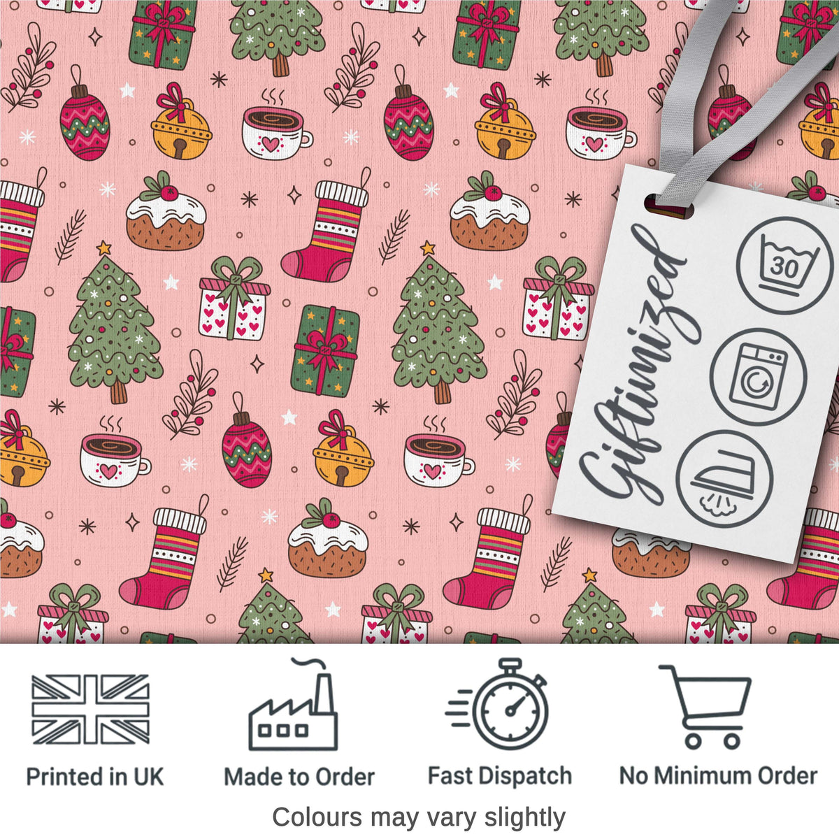 Cute Christmas Tree Cupcake Gift Ornament Pink Seamless Pattern Digital Print Fabric by the Metre UK Sewing Quilting Textile