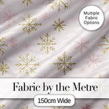 Elegant Gold Snowflake Pink Winter Festive Seamless Pattern Digital Print Fabric by the Metre UK Sewing Quilting Textile